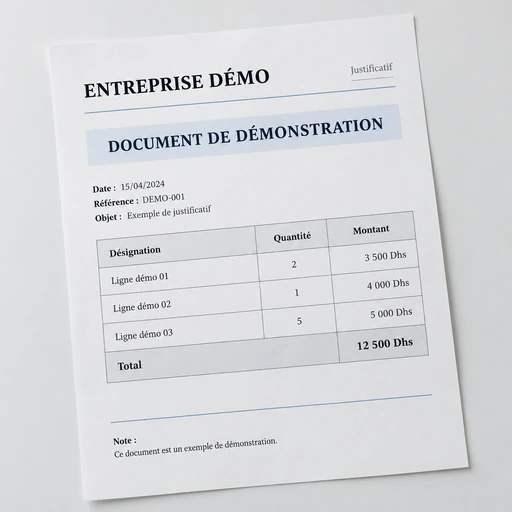 Justificatif fictif de démonstration, total 12 500 Dhs